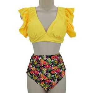 Zando Womans size S 2 Piece V-Neck Bikini Floral High Waist Swimsuit Yellow NWOT